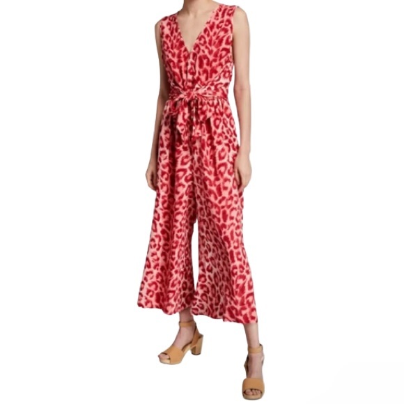 KATE SPADE New York Leopard Print Tie Waist Cropped Sleeveless Jumpsuit, Coral - Picture 4 of 7